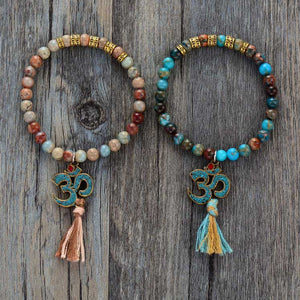 Natural Jasper Beads with Tibetan OM Charm and Short Tassel Mala Bracelet