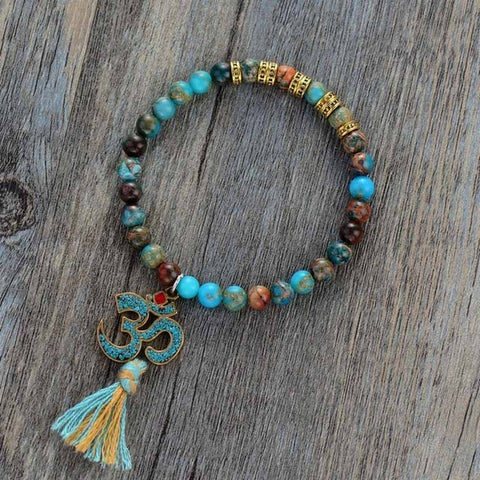 Natural Jasper Beads with Tibetan OM Charm and Short Tassel Mala Bracelet